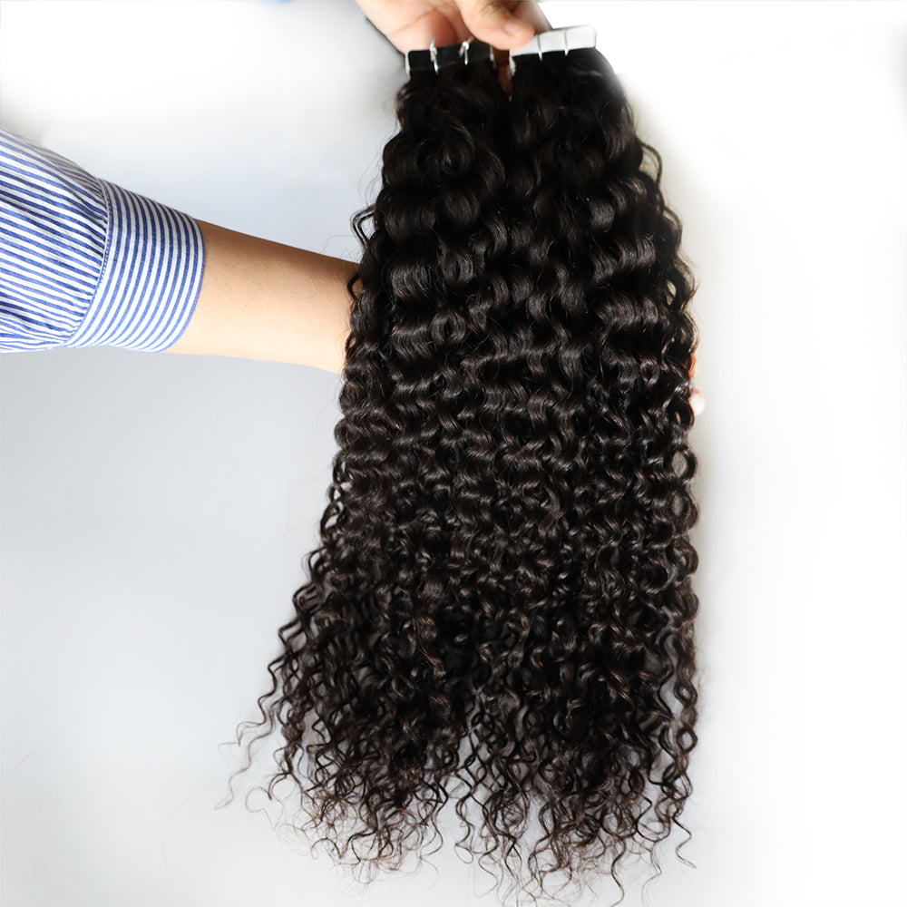 Natural Black Tape In Human Hair Extensions Kinky Curly For Women