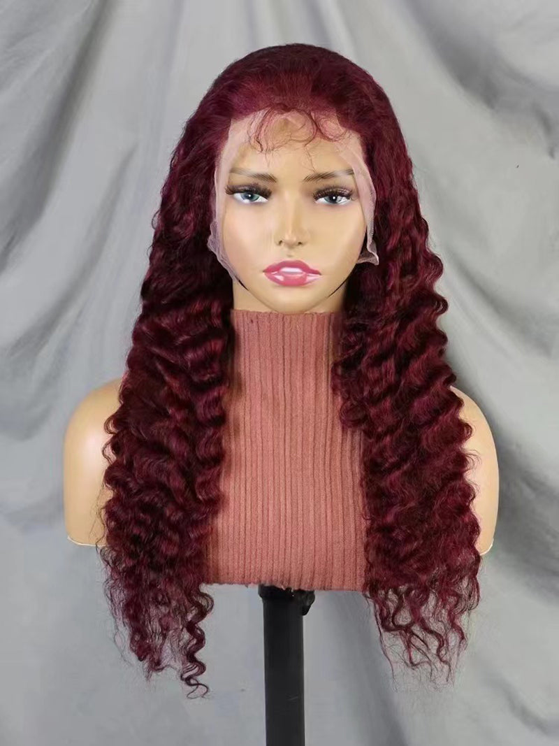 13x4 Lace Frontal Deep Wave Wig #99J Color Brazilian Human Hair