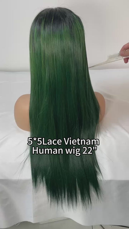 5x5 Lace Closure Vietnamese Bone Straight #T1B/Green Color Wig